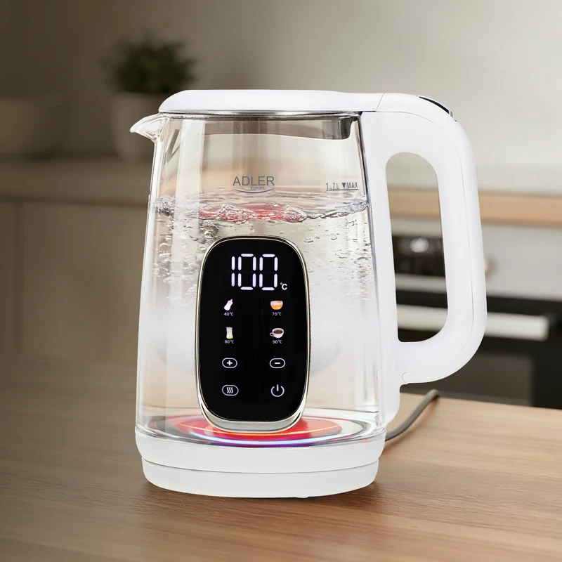 Elektrisk vattenkokare i glas med temperaturreglering 1,7 l, LED, 40–100 °C, Adler AD 1305 WS vit