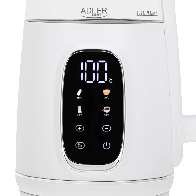 Elektrisk vattenkokare i glas med temperaturreglering 1,7 l, LED, 40–100 °C, Adler AD 1305 WS vit