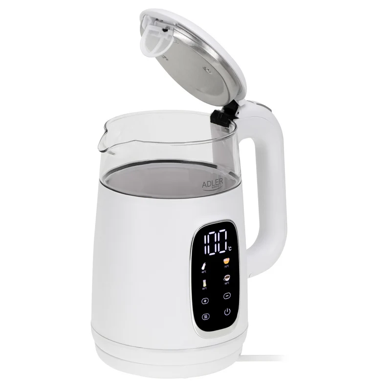 Elektrisk vattenkokare i glas med temperaturreglering 1,7 l, LED, 40–100 °C, Adler AD 1305 WS vit