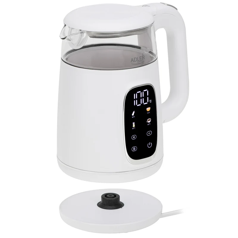 Elektrisk vattenkokare i glas med temperaturreglering 1,7 l, LED, 40–100 °C, Adler AD 1305 WS vit