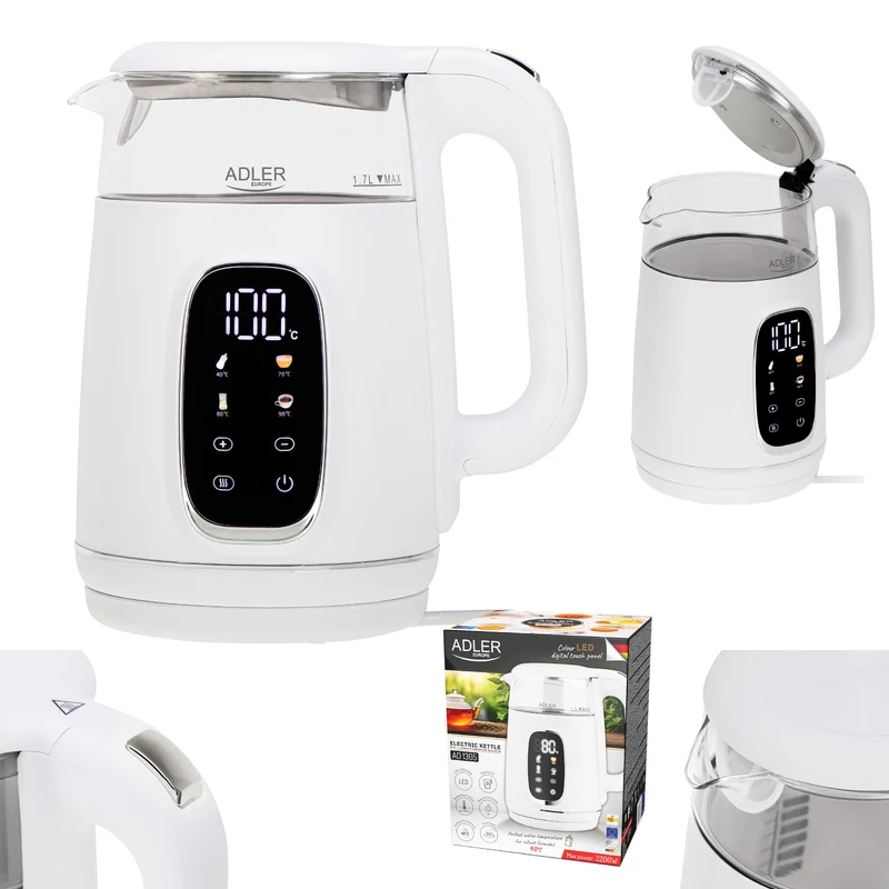 Elektrisk vattenkokare i glas med temperaturreglering 1,7 l, LED, 40–100 °C, Adler AD 1305 WS vit