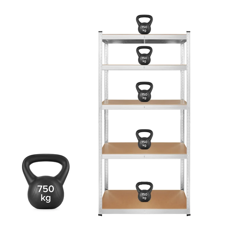 Lagerhylla i metall, 5 hyllplan, maximal belastning upp till 750 kg, 180x90x40, silverfärgad Rebel