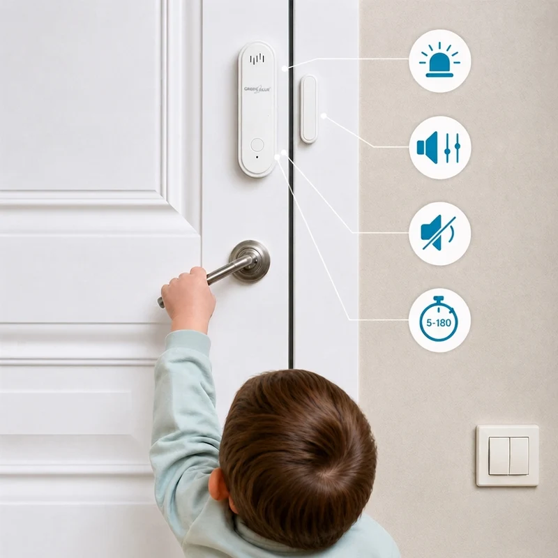 Trådlös kontaktor/öppningssensor via WiFi från GreenBlue, Android/iOS, för dörrar/fönster, 3,0 V DC, LR03x2, med larm, GB478, 2 set