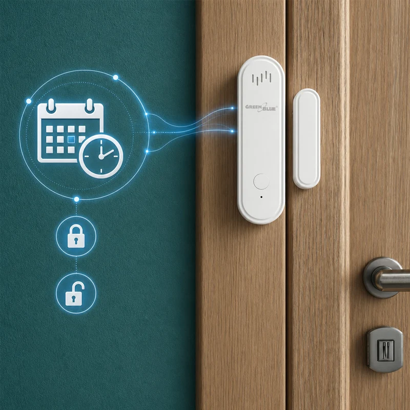 Trådlös kontaktor/öppningssensor via WiFi från GreenBlue, Android/iOS, för dörrar/fönster, 3,0 V DC, LR03x2, med larm, GB478, 2 set