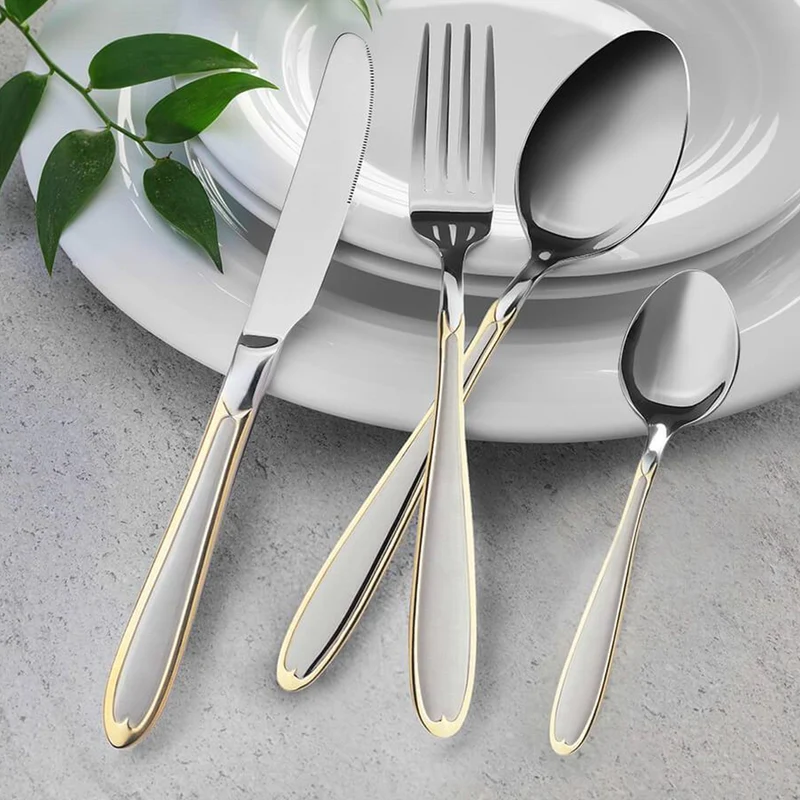 Maestro MR-1515G-24 Bestickset 24 Delar För 6 Personer Tillverkat Av 18/10 Rostfritt Stål Bestickset Knivgaffel Sked Bordsbestick Silver/Guld