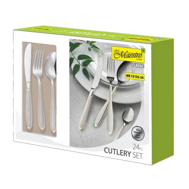 Maestro MR-1515G-24 Bestickset 24 Delar För 6 Personer Tillverkat Av 18/10 Rostfritt Stål Bestickset Knivgaffel Sked Bordsbestick Silver/Guld