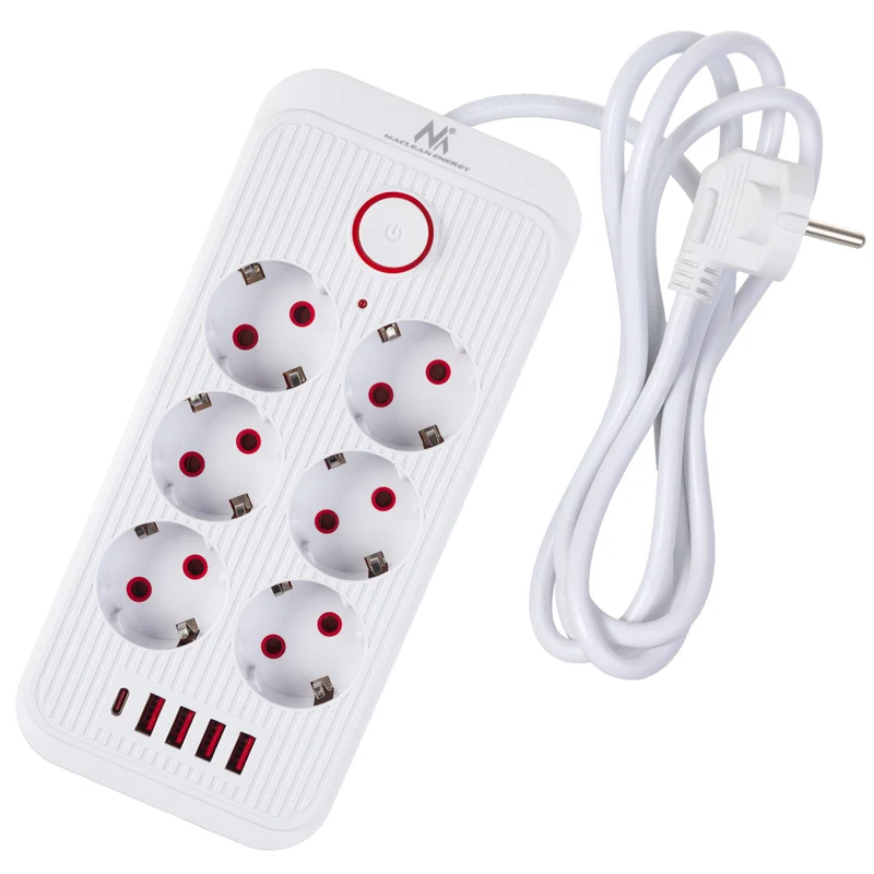 Maclean grenuttag, förlängningskabel 6 uttag + 4xUSB, 110-240V AC 50/60Hz, 2,1A max 2500W, 1,5 m, vit, MCE389 W