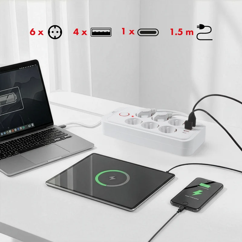 Maclean grenuttag, förlängningskabel 6 uttag + 4xUSB, 110-240V AC 50/60Hz, 2,1A max 2500W, 1,5 m, vit, MCE389 W
