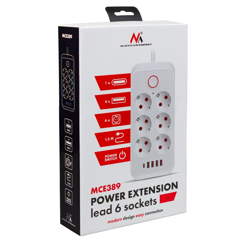 Maclean grenuttag, förlängningskabel 6 uttag + 4xUSB, 110-240V AC 50/60Hz, 2,1A max 2500W, 1,5 m, svart, MCE389 B