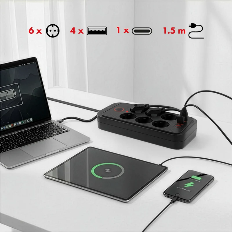 Maclean grenuttag, förlängningskabel 6 uttag + 4xUSB, 110-240V AC 50/60Hz, 2,1A max 2500W, 1,5 m, svart, MCE389 B