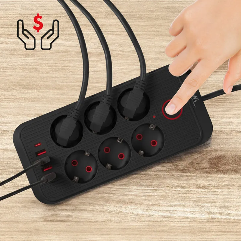 Maclean grenuttag, förlängningskabel 6 uttag + 4xUSB, 110-240V AC 50/60Hz, 2,1A max 2500W, 1,5 m, svart, MCE389 B