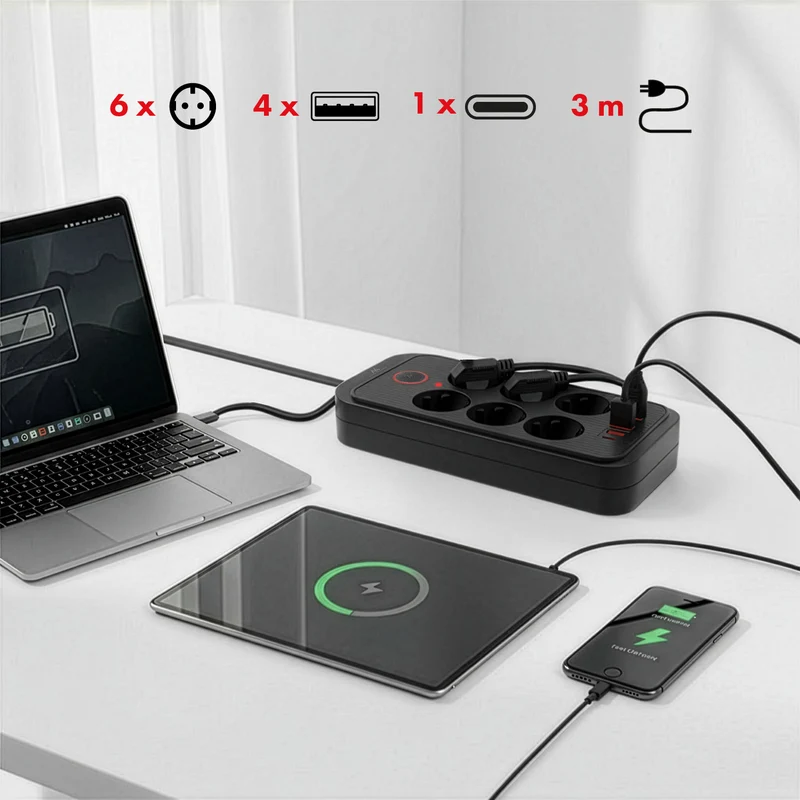 Maclean grenuttag, 6-facks förlängningskabel + 4xUSB, 110-240V AC 50/60Hz, 2.1A max 2500W, 3m, svart, MCE391 B