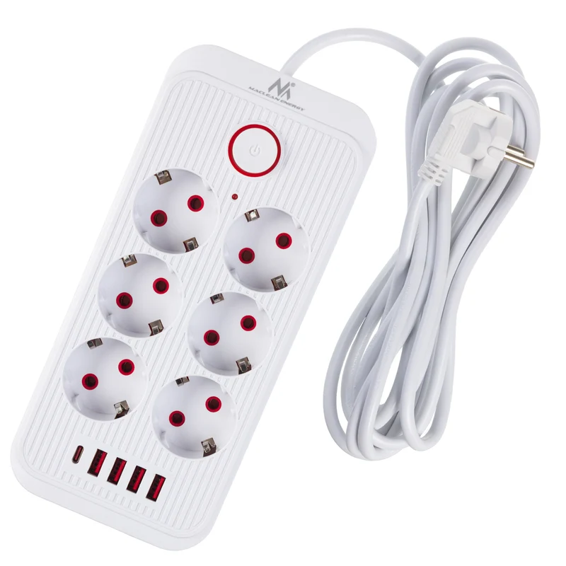 Maclean grenuttag, 6 uttag förlängningskabel + 4xUSB, 110-240V AC 50/60Hz, 2.1A max 2500W, 3m, vit, MCE391 W