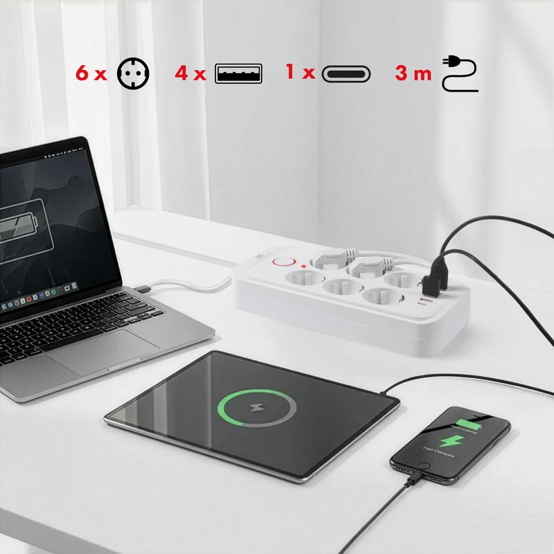 Maclean grenuttag, 6 uttag förlängningskabel + 4xUSB, 110-240V AC 50/60Hz, 2.1A max 2500W, 3m, vit, MCE391 W