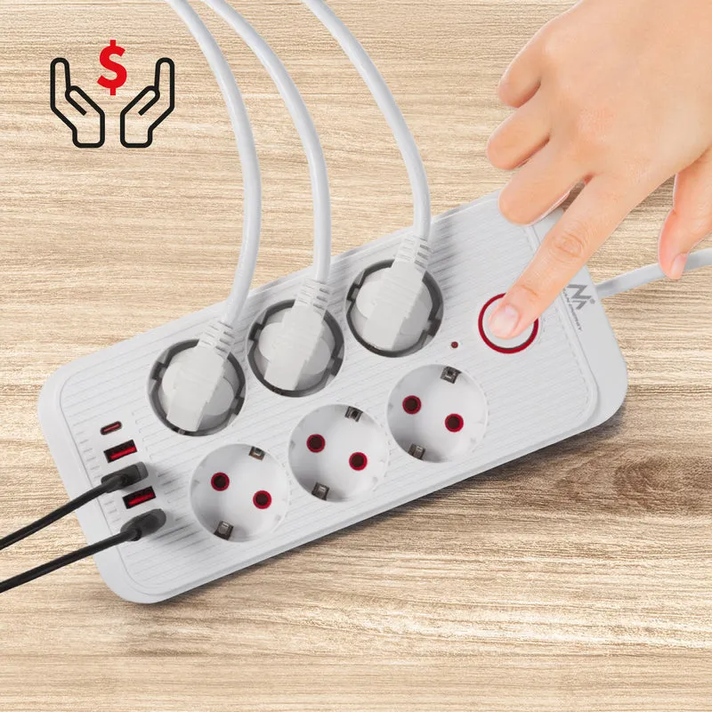 Maclean grenuttag, 6 uttag förlängningskabel + 4xUSB, 110-240V AC 50/60Hz, 2.1A max 2500W, 3m, vit, MCE391 W