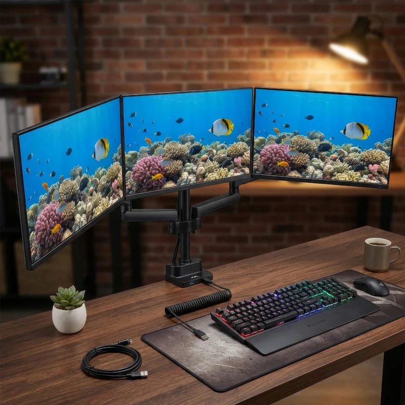 Maclean skrivbordsfäste för 3 LCD-skärmar, VESA 75x75 och 100x100, 2x USB 3.0, 17-27", 3x7kg, MC-811