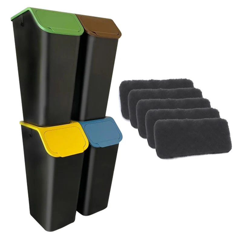 Set med 4 svarta avfallssorteringskärl BINI, 4 x 35 liter, med lock i färgerna blå/grön/gul/brun + 5 stycken kolfilter