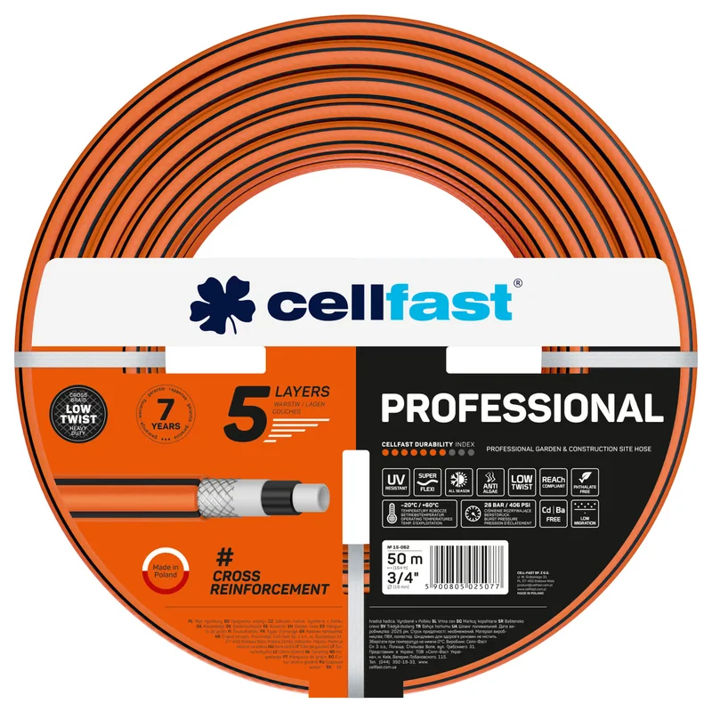 Cellfast trädgårdsslang, PROFESSIONAL 3/4" 50 m + Set med rak sprinkler 3/4" IDEAL