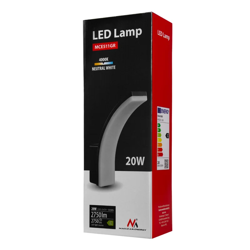 Maclean LED-lampa, grå, 20 W, IP65, 2750 lm, neutralvitt ljus (4000 K) MCE511 GR, 2 st