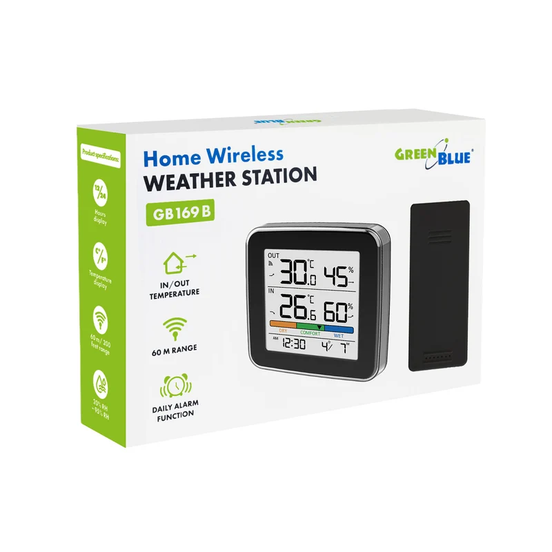 GreenBlue trådlös väderstation, temperatur + luftfuktighet IN/OUT, klocka + alarm + datum, °C / °F, upp till 60 m, svart, GB169 B
