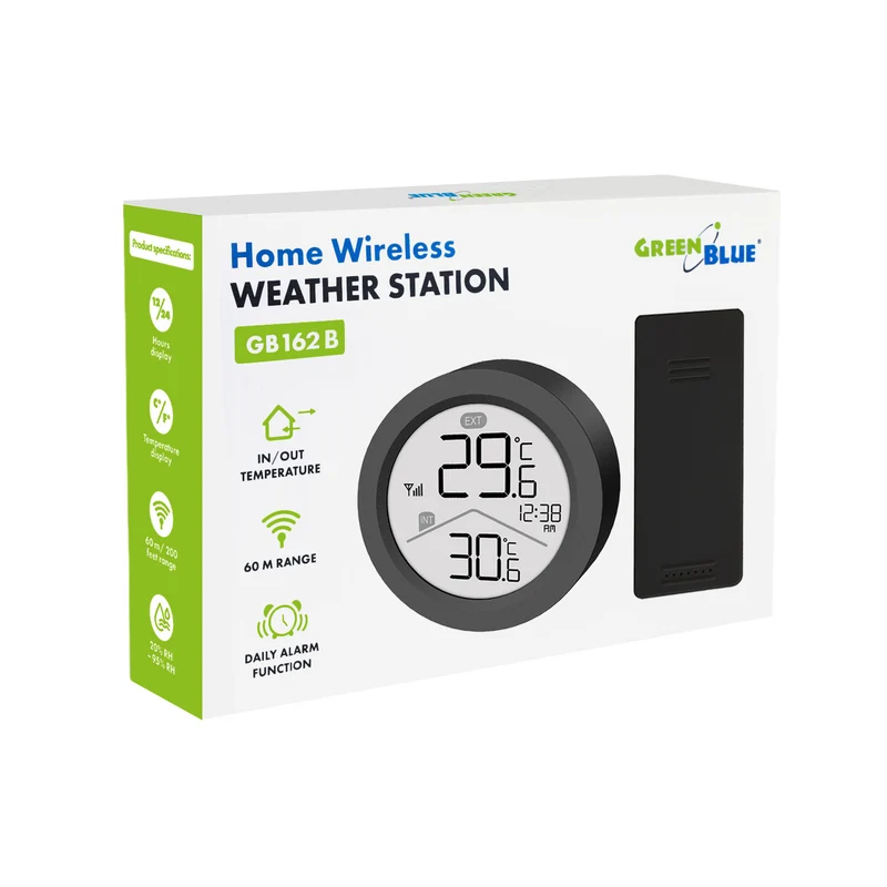 GreenBlue trådlös väderstation, inomhus-/utomhustemperatur, klocka, val mellan °C och °F, räckvidd upp till 60 m, svart, GB162 B