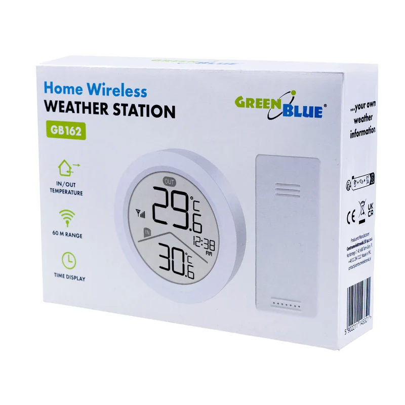 Trådlös väderstation GreenBlue, temperatur IN/OUT, klocka, val mellan °C / °F, räckvidd upp till 60 m, GB162, 4x AAA-batteri