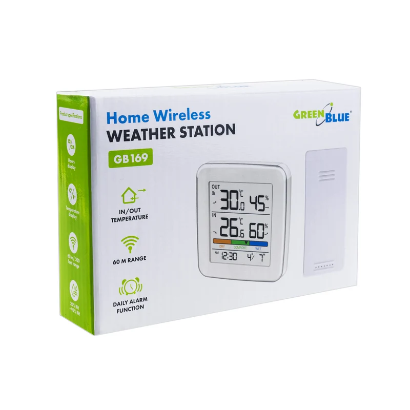 Trådlös väderstation GreenBlue, temperatur + luftfuktighet IN/OUT, klocka + alarm + datum, val mellan °C / °F, räckvidd upp till 60 m, GB169