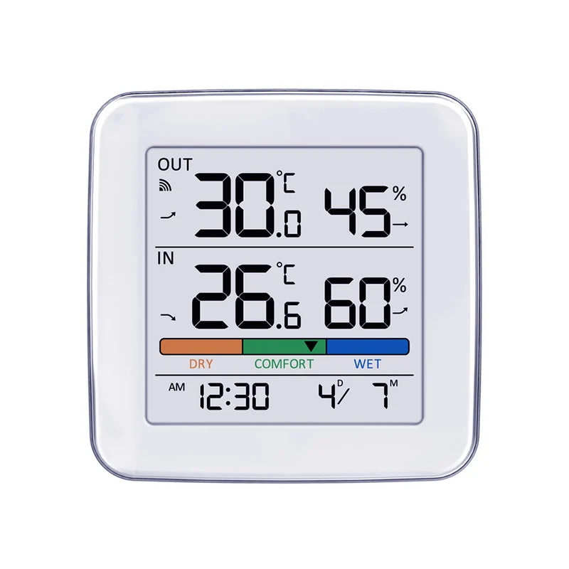 Trådlös väderstation GreenBlue, temperatur + luftfuktighet IN/OUT, klocka + alarm + datum, val mellan °C / °F, räckvidd upp till 60 m, GB169, 4x AAA-batteri