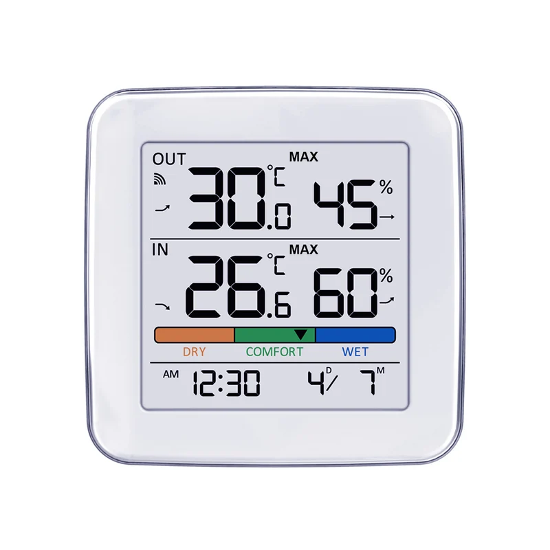 Trådlös väderstation GreenBlue, temperatur + luftfuktighet IN/OUT, klocka + alarm + datum, val mellan °C / °F, räckvidd upp till 60 m, GB169, 4x AAA-batteri