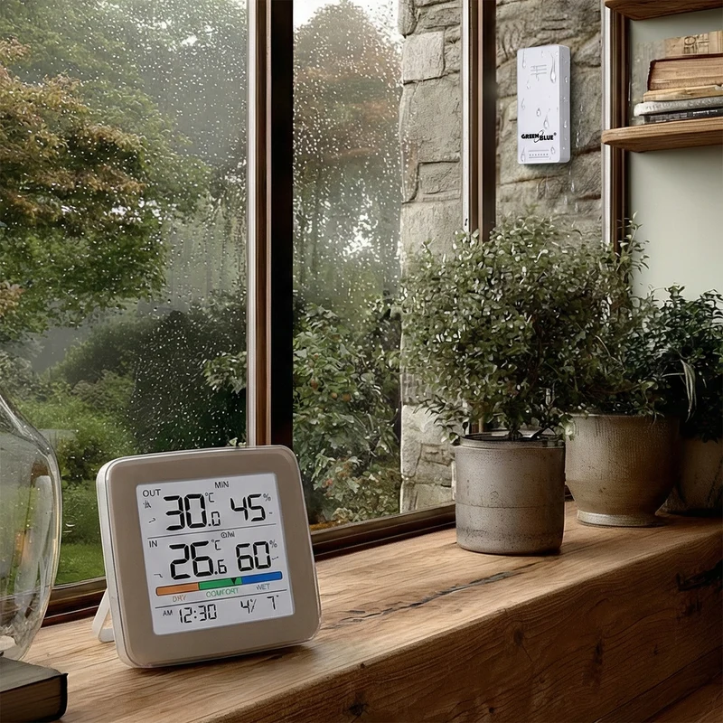 Trådlös väderstation GreenBlue, temperatur + luftfuktighet IN/OUT, klocka + alarm + datum, val mellan °C / °F, räckvidd upp till 60 m, GB169, 4x AAA-batteri
