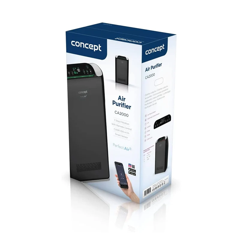 CONCEPT Hausgeräte Perfect Air SMART CA2000 Luftrenare Rumsluftrenare 320 m3 / h 7-stegsfiltrering HEPA-13 dammfilter Ioniserande kolfilter 99,9% Mobile App, svart