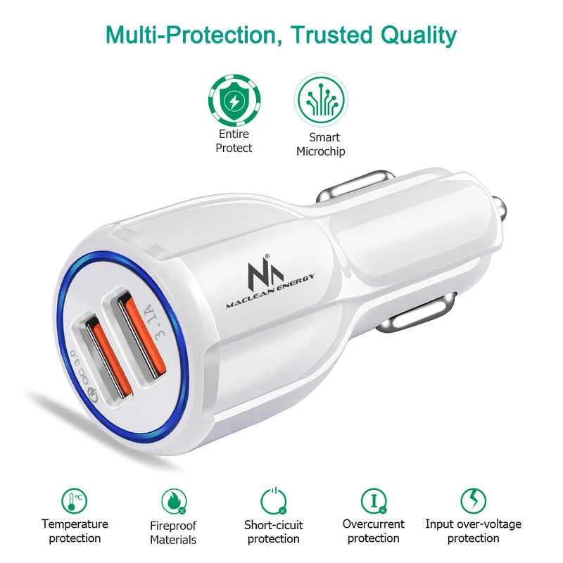 QC 3.0 Maclean Energy MCE478 W billaddare - vit Qualcomm Quick Charge QC 3.0 - 5V / 3A, 9V / 1.8A, 12V / 1.6A och 5V / 3.1A uttag