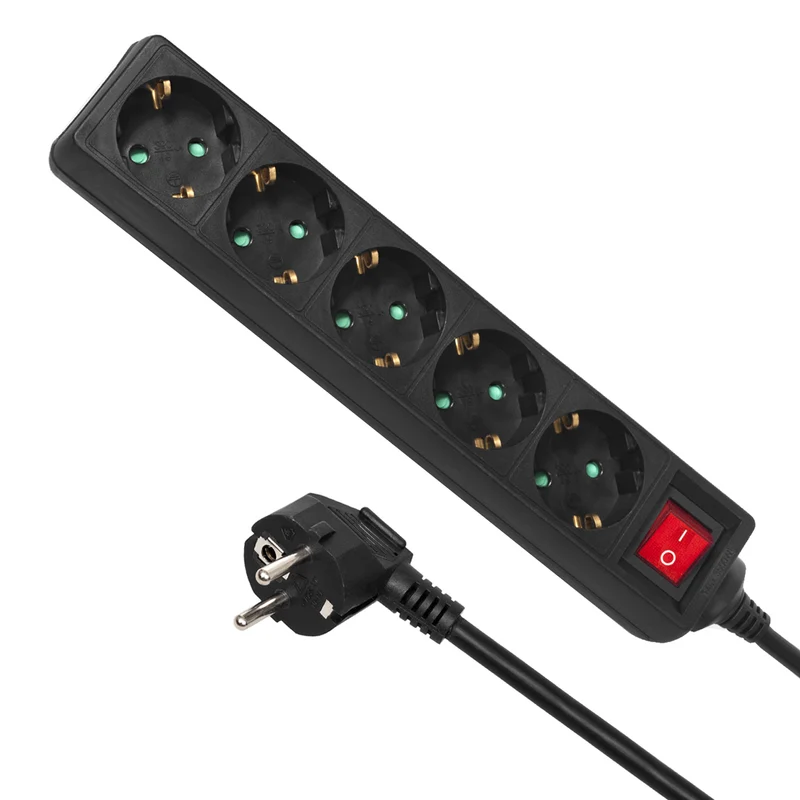 Eluttag förlängningssladd 5 uttag med switch svart tysk typ 5m Maclean Energy MCE227G 3500W