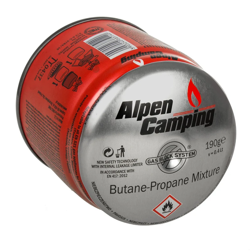 48x Alpen Camping 400 ml gaspatron, certifikat: Pi 0437, överensstämmer med EN417, propan-butan, område -10°c till + 40°c, GAS STOP-system IK006