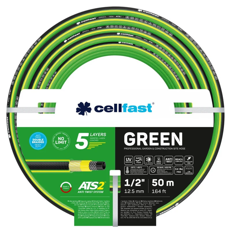 Slangvagn Cellfast Aluplus 1/2" 60 m + trädgårdsslang Cellfast Green ATS2 1/2" 50 m + set med rak sprinkler Cellfast Basic 1/2"