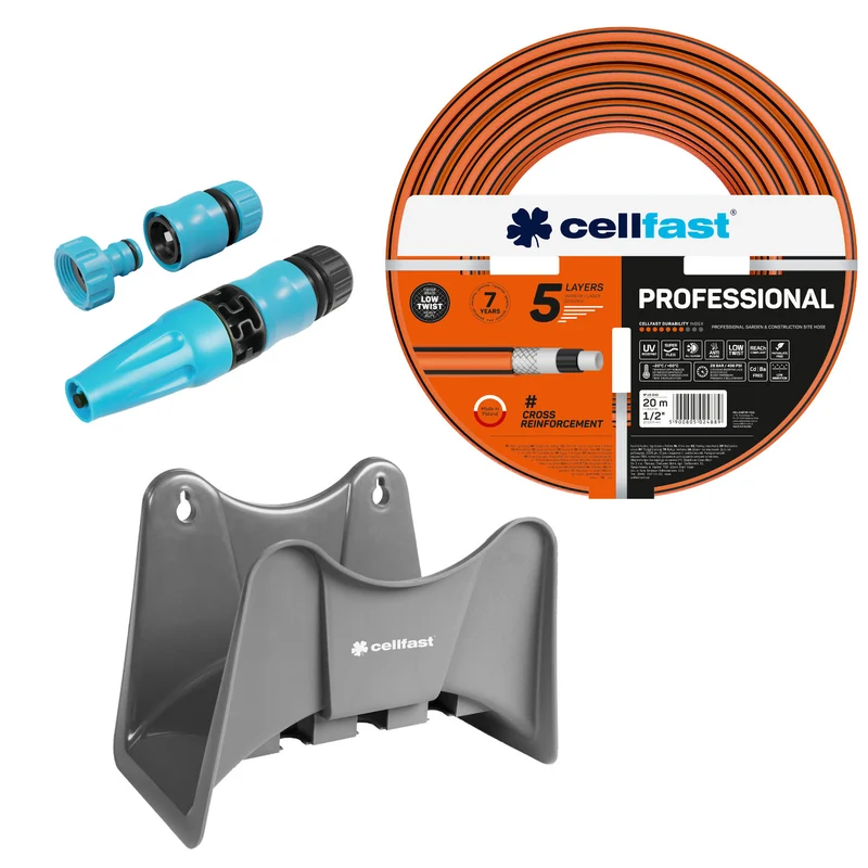 Cellfast trädgårdsslang, PROFESSIONAL 1/2" 20 m + Cellfast slanghållare, grå + set med Cellfast Basic rak sprinkler 1/2"
