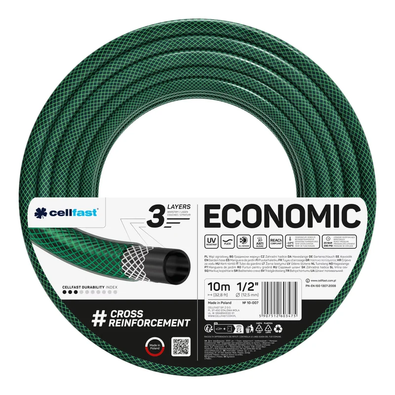 Slangvagn Cellfast Aluplus 1/2" 60 m + trädgårdsslang Cellfast Economic 1/2" 10 m + set med rak sprinkler Cellfast Basic 1/2"