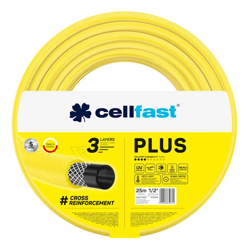 Cellfast Plus trädgårdsslang 1/2" 25 m + Cellfast slanghållare, grå + set med Cellfast Basic rak sprinkler 1/2"