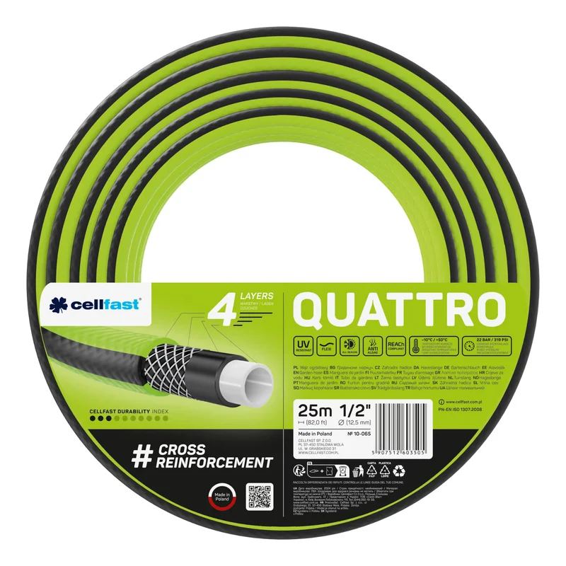 Cellfast Quattro trädgårdsslang 1/2" 25 m + Cellfast slanghållare, grå + set med Cellfast Basic rak sprinkler 1/2"