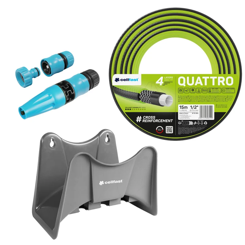 Cellfast Quattro trädgårdsslang 1/2" 15 m + Cellfast slanghållare, grå + set med Cellfast Basic rak sprinkler 1/2"