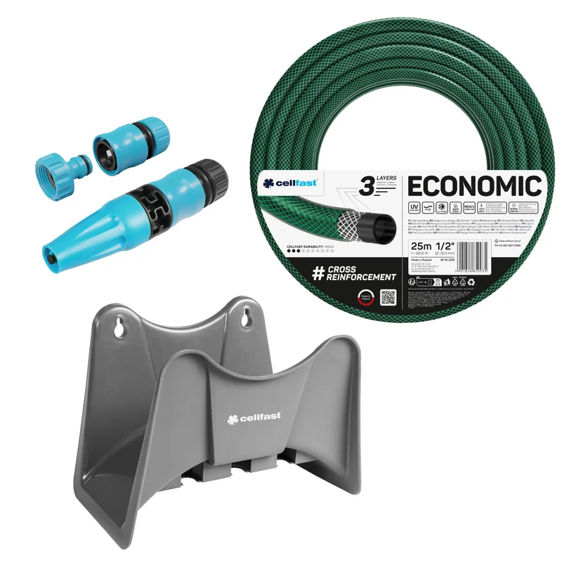 Cellfast Economic trädgårdsslang 1/2" 25 m + Cellfast slanghållare, grå + set med Cellfast Basic rak sprinkler 1/2"