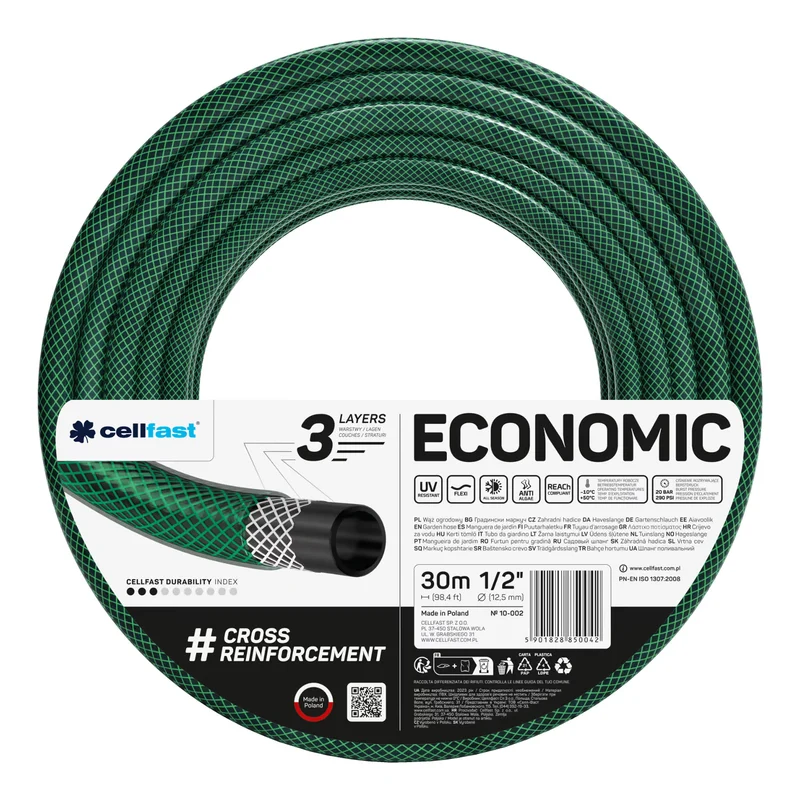 Cellfast Economic trädgårdsslang 1/2" 30 m + Cellfast slanghållare, grå + set med Cellfast Basic rak sprinkler 1/2"