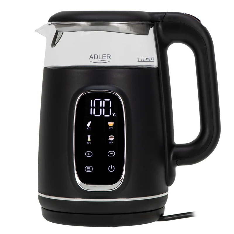 Elektrisk vattenkokare i glas 1,7L Adler, Svart och silver, Temperaturkontroll, LED-display, AD 1305 bs