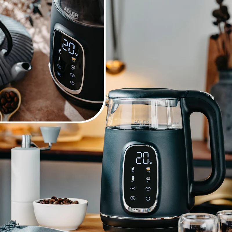 Elektrisk vattenkokare i glas 1,7L Adler, Svart och silver, Temperaturkontroll, LED-display, AD 1305 bs