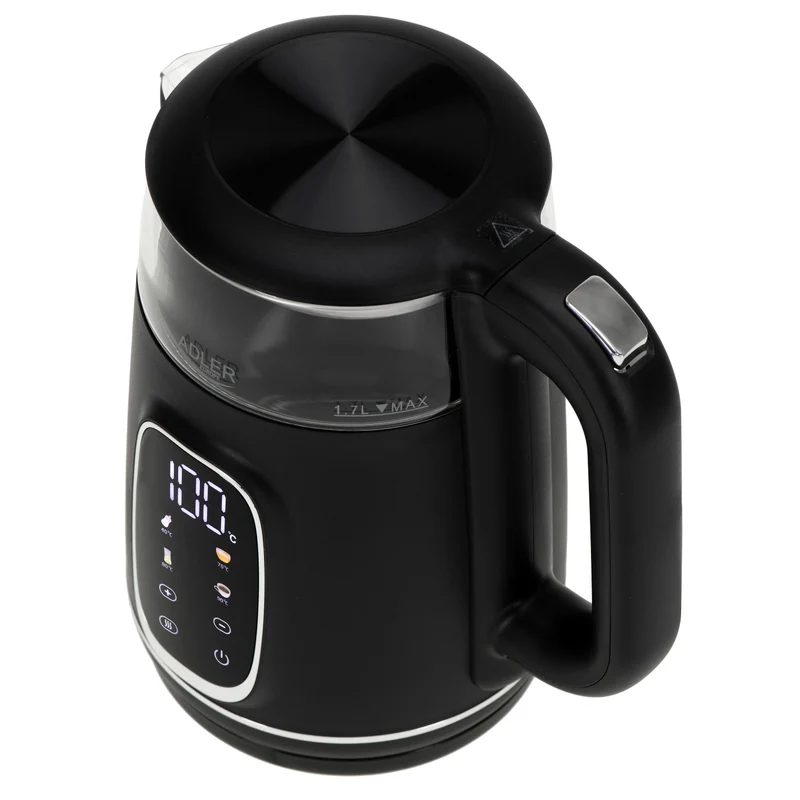 Elektrisk vattenkokare i glas 1,7L Adler, Svart och silver, Temperaturkontroll, LED-display, AD 1305 bs