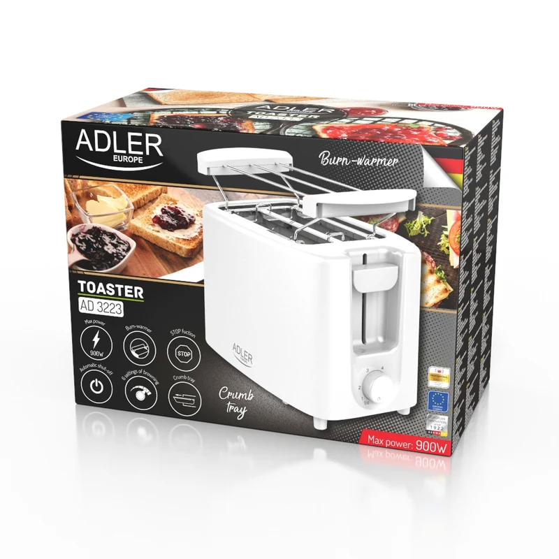 Adler brödrost, 6 inställningsnivåer, brödrost, 900W, vit, AD 3223