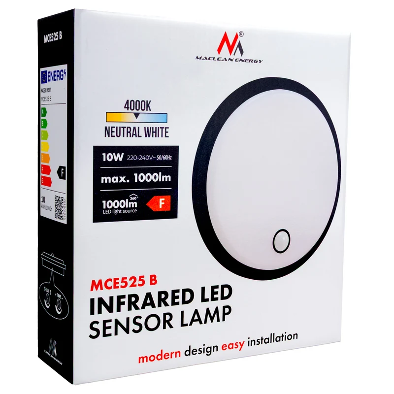 LED-lampa med rörelsesensor Maclean, PIR-sensor, svart, 10 W, IP65, 1000 lm, neutral färg, MCE525 B