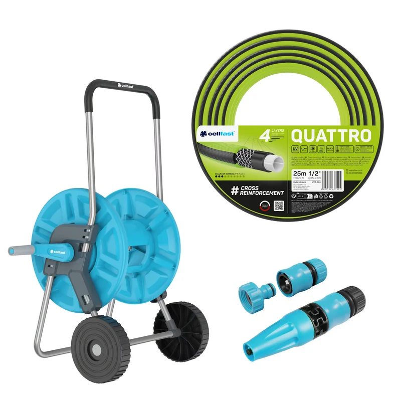 Slangvagn Cellfast Aluplus 1/2" 60 m + trädgårdsslang Cellfast Quattro 1/2" 25 m + set med rak sprinkler Cellfast Basic 1/2"