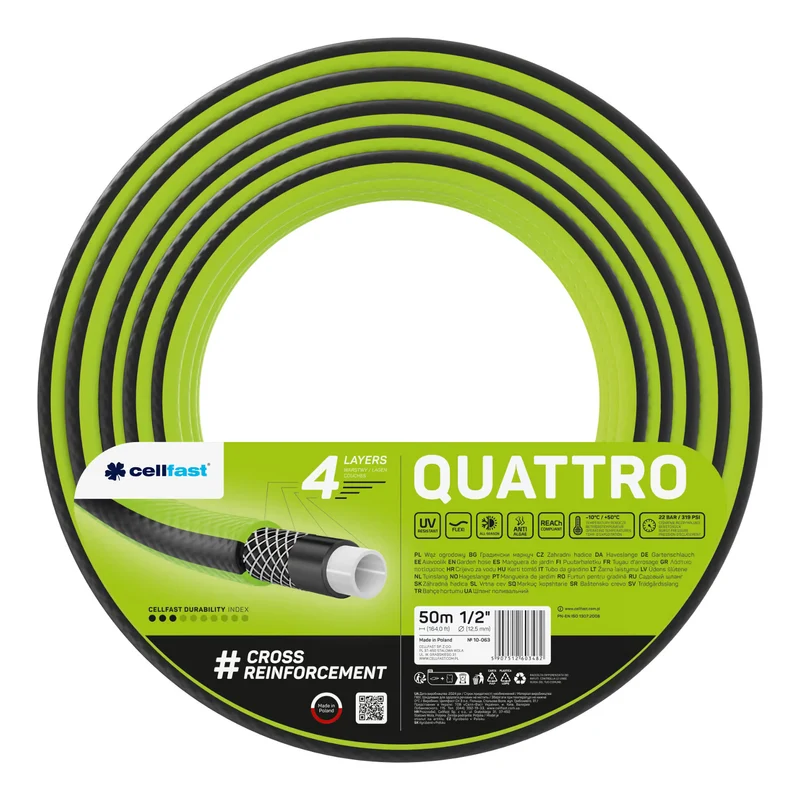 Slangvagn Cellfast Aluplus 1/2" 60 m + trädgårdsslang Cellfast Quattro 1/2" 50 m + set med rak sprinkler Cellfast Basic 1/2"