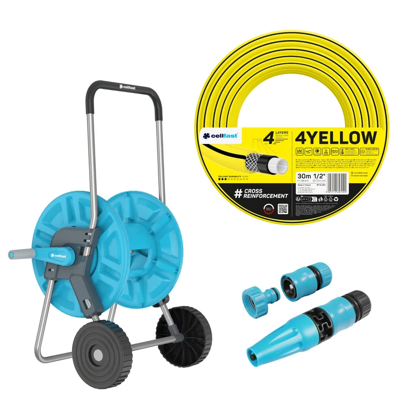 Cellfast Aluplus slangvagn 1/2" 60 m + Cellfast 4YELLOW trädgårdsslang 1/2" 30 m + set med Cellfast Basic rak sprinkler 1/2"
